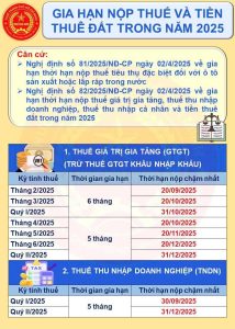 Gia hạn nộp thuế tiêu thụ đặc biệt, thuế giá trị gia tăng, thuế thu nhập doanh nghiệp, thuế thu nhập cá nhân và tiền thuê đất trong năm 2025
